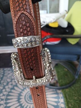 Nocona Brown Tooled Leather Belt with Silver Crystal Buckle